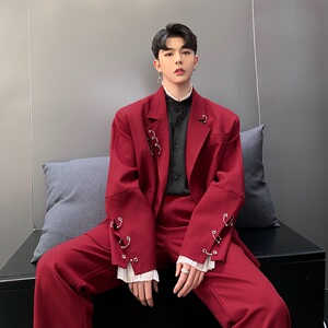 秋冬复古个性设计铁环装饰酒红色西服上衣男A345-1030-P135图片