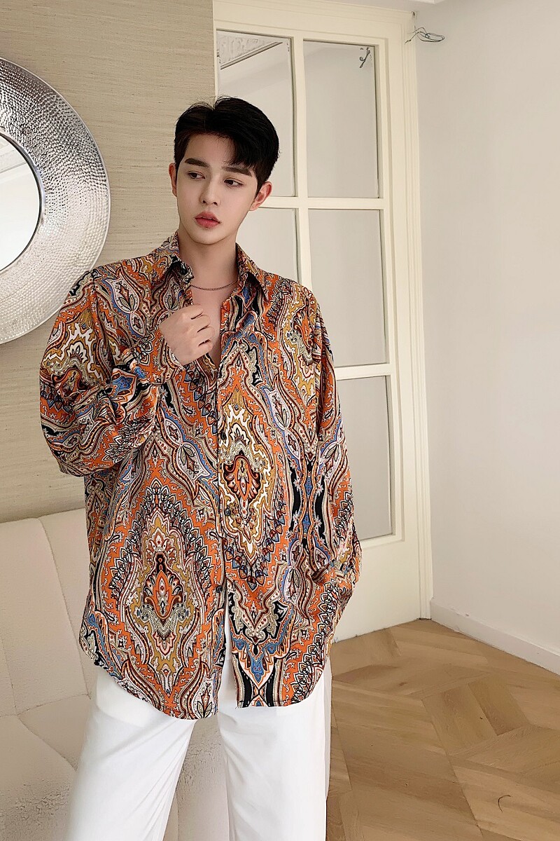 欧美男装2025春夏民族风图腾印花小众设计感衬衫A345-1188-P75,男装民族服装,电商A345