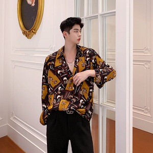 复古法式宫廷风印花丝绸衬衣2025春装方领男衬衫A345-1190-P75图片