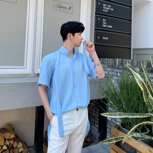 夏季超薄面料男衬衣皱面百搭胸前飘带设计蓝衬衫A345-1080-P65图片