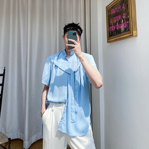夏季超薄男衬衣胸前飘带设计小众燕尾百搭兰衬衫A345-1202-P65图片