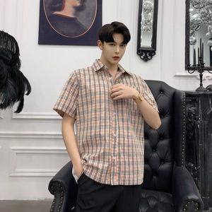 假两件咖色条纹短袖衬衣前后可穿男夏季韩版上衣A345-1071-P65图片