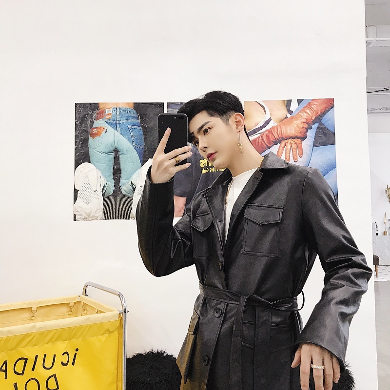 秋冬多口袋韩版系腰带中长款翻领男皮衣外套风衣A345-1006-P125，男装皮衣，电商A345