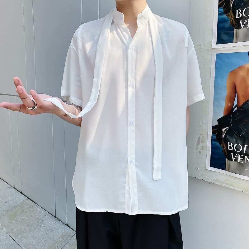 夏季超薄男白衬衣胸前飘带设计小众百搭燕尾上衣A345-1202-P65,男装衬衫,电商A345