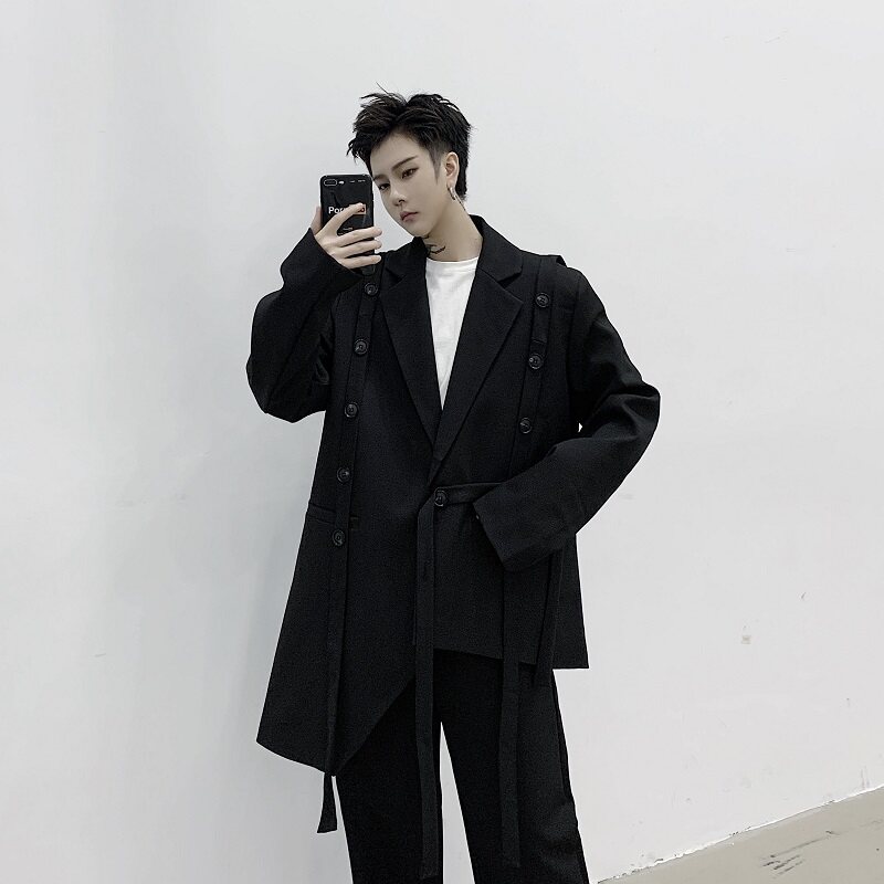 新款黑色不对称单排扣复古绑带长袖西服上衣男潮A345-129-P135图片