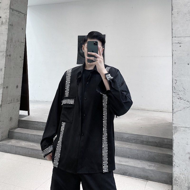2025秋款复古风不规则宽松长袖时尚洋气黑色衬衣男A345-1207-P75，男装衬衫，电商A345