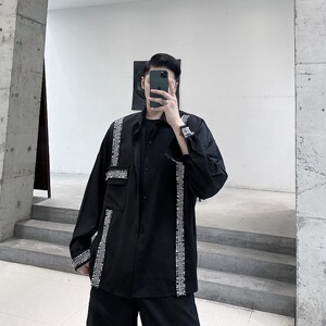 2025秋款复古风不规则宽松长袖时尚洋气黑色衬衣男A345-1207-P75，男装衬衫，电商A345