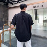 夏季轻奢风荷叶边小立领前后穿男短袖黑衬衣A345-1062-P65，男装T恤，电商A345