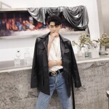 秋冬多口袋韩版系腰带中长款翻领男皮衣外套风衣A345-1006-P125，男装风衣，电商A345