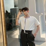 2025夏季新款领口字母蕾丝装饰带韩版休闲白T恤男A345-1060-P55，男装T恤，电商A345