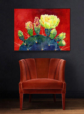 美式古典艺术红色仙人掌装饰画客厅横幅餐厅绿植大幅轻奢挂画