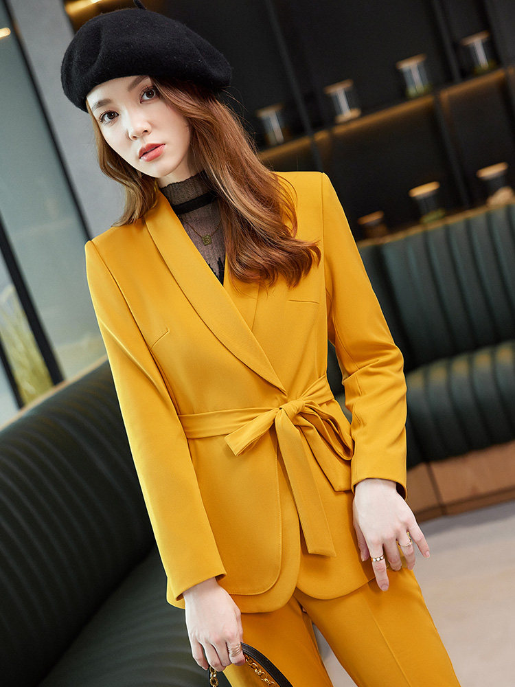초가을 여성을위한 노란색 작은 정장 정장 새로운 한국 스타일 캐주얼 레이스 업 정장 재킷 하이 엔드 전문 정장