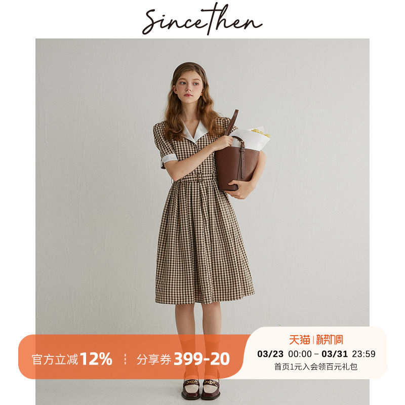 sincethen 法式格子裙复古长裙收腰格纹裙子短袖翻领连衣裙女夏季