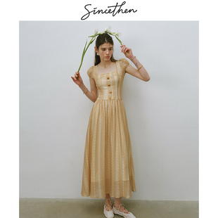 sincethen第四幕序曲法式复古连衣裙方口领泡泡袖碎花裙黄色长裙