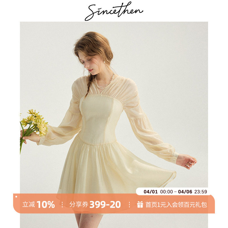 sincethen法式公主风连衣裙长袖a字米色短裙复古v领小裙子女春季
