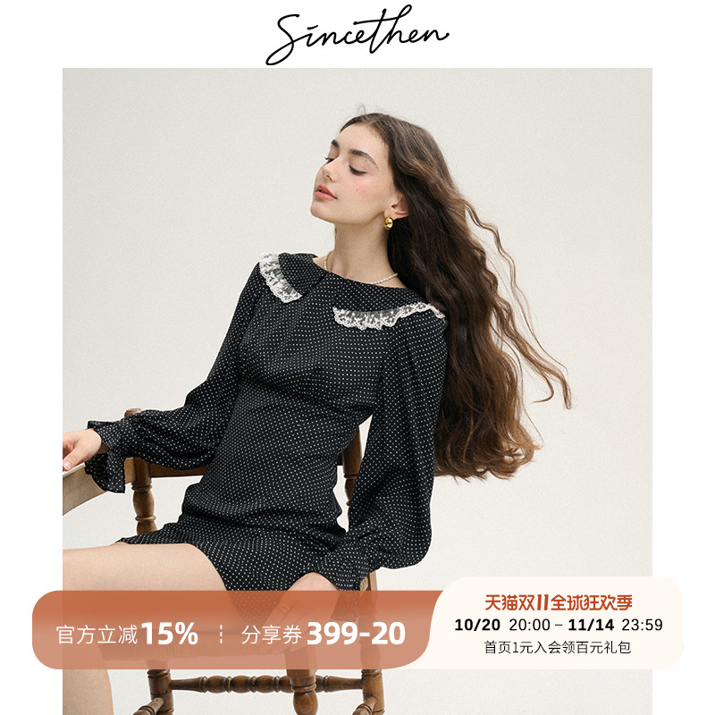 sincethen法式复古穿搭波点黑色连衣裙蕾丝裙子长袖小短裙女秋季