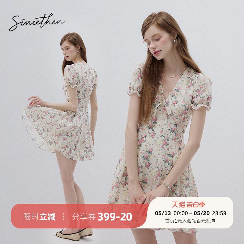 sincethen小个子碎花连衣裙法式风短款茶歇裙V领短裙夏季裙子女夏