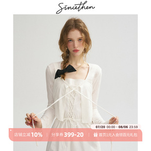 女夏季 sincethen 防晒外套小裙子罩衫 白色针织开衫 连衣裙外搭短款