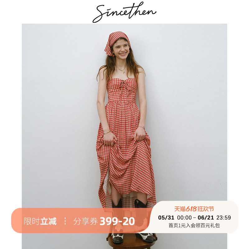 sincethen法式复古吊带裙红色格纹连衣裙长裙度假风穿搭裙子女夏