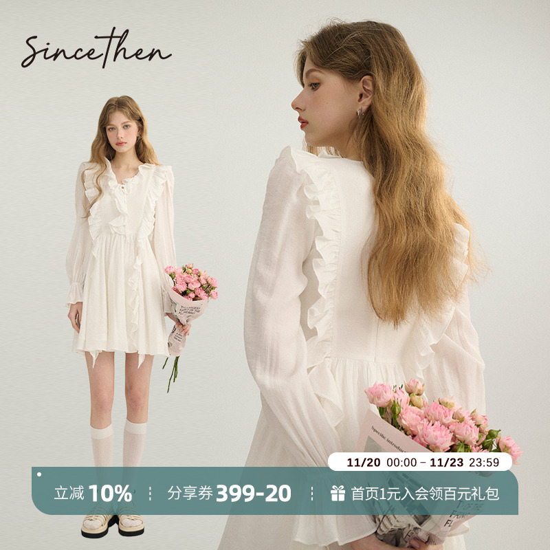 sincethen法式白色长袖连衣裙女