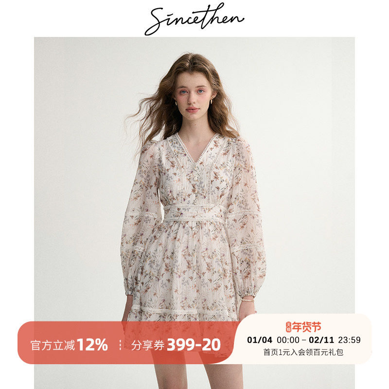 sincethen 法式碎花裙长袖连衣裙短款裙子小个子短裙v领穿搭女秋,女装/女士精品,连衣裙,淘宝优惠券,粉丝福利购,淘宝优惠卷