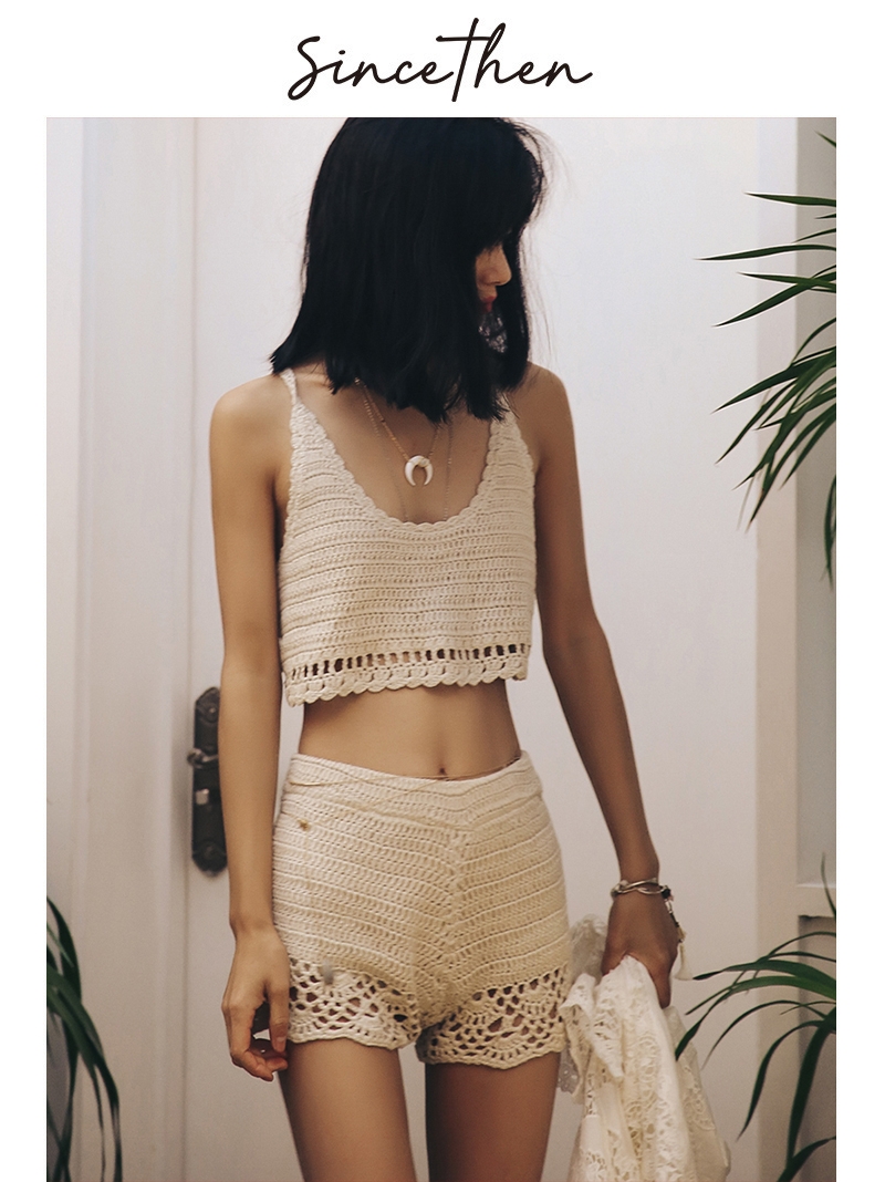 since then seaside two-piece vacation shorts vest knit suit white sandy beach