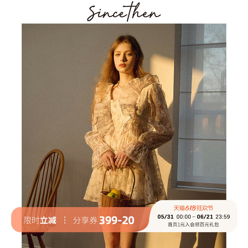 sincethen 法式荷叶边公主裙碎花裙子蝴蝶结短裙露背连衣裙女春季