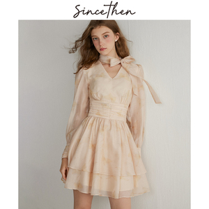 sincethen 佩斯艺术馆法式风短裙碎花裙子蝴蝶结精致连衣裙女夏季