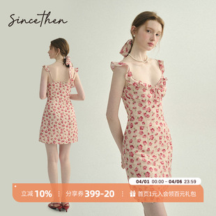 粉色短裙吊带裙度假穿搭短款 小裙子女夏 碎花连衣裙法式 sincethen