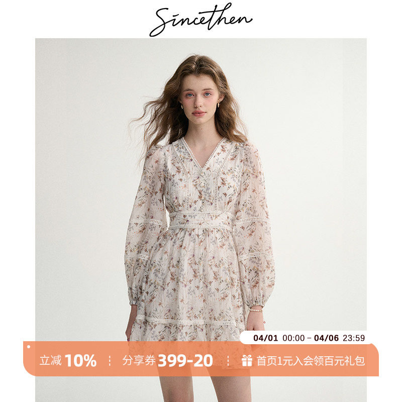 sincethen 法式碎花裙长袖连衣裙短款裙子小个子短裙v领穿搭女秋