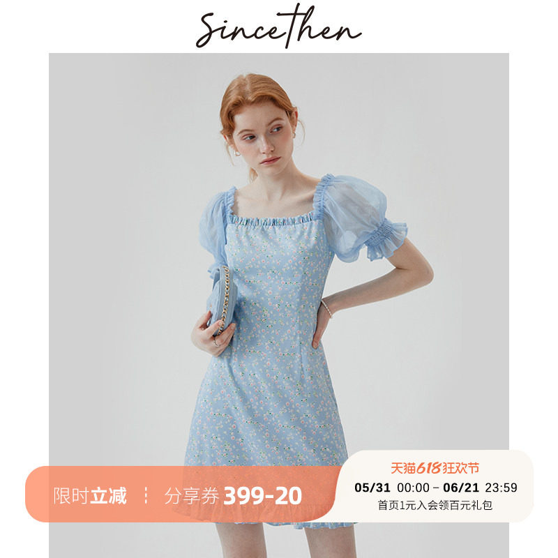 sincethen海湾恋人法式小清新碎花短裙甜美泡泡袖方领连衣裙女夏