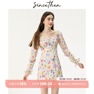 sincethen少女插畫家碎花連衣裙方領(lǐng)短裙溫柔風(fēng)長袖 公主裙女春季