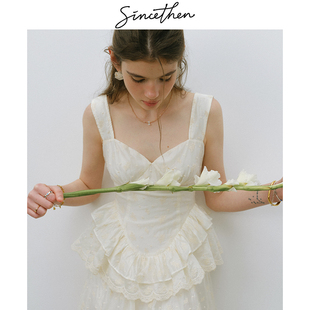 sincethen糖霜茉莉法式复古连衣裙吊带公主裙米色荷叶边短裙裙子