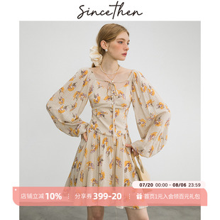 sincethen 法式 方领连衣裙灯笼长袖 茶歇风收腰短裙碎花裙子女秋季