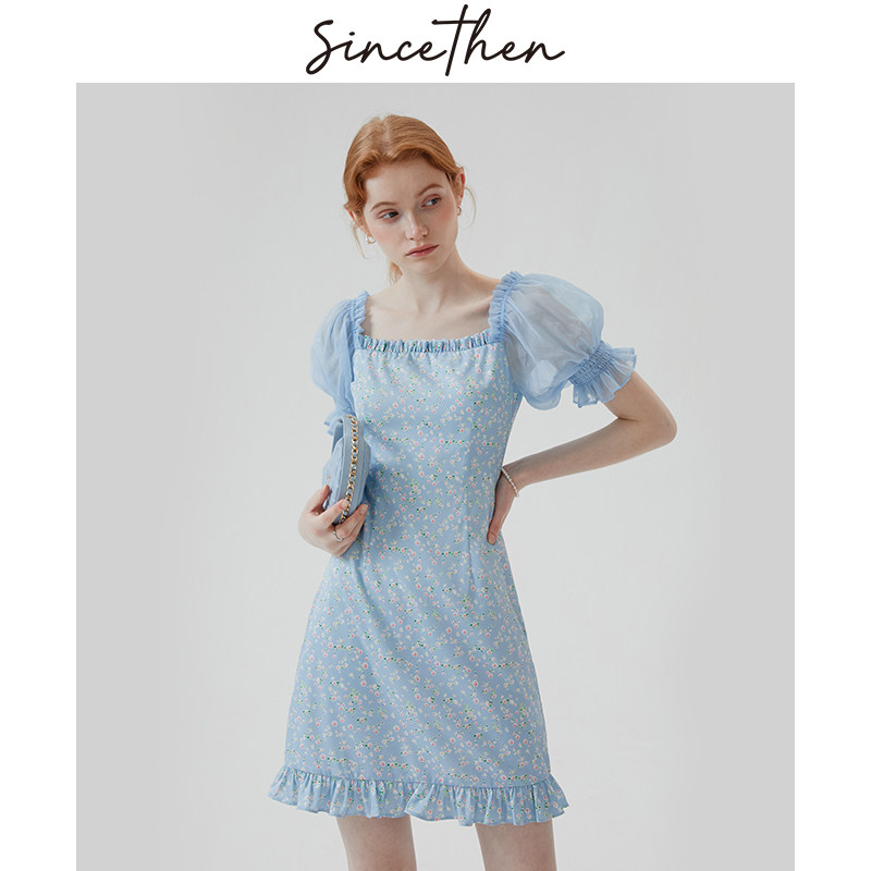 sincethen海湾恋人法式小清新碎花短裙甜美泡泡袖方领连衣裙女夏