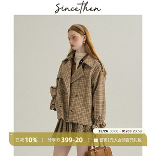 sincethen学院风套装 复古翻领格纹毛呢外套短裙两件套女秋冬新款