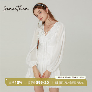 裙子女 短款 sincethen白色连衣裙长袖 裙小个子穿搭秋v领白短裙法式