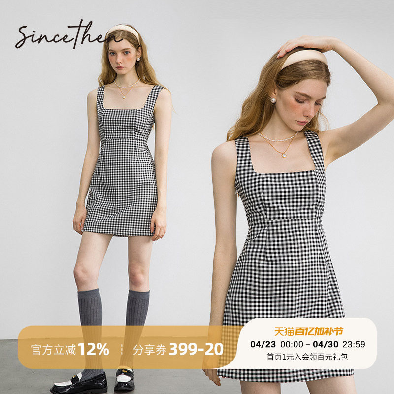 sincethen 吊带方领连衣裙黑白格子背带裙法式小短裙背心裙子女夏