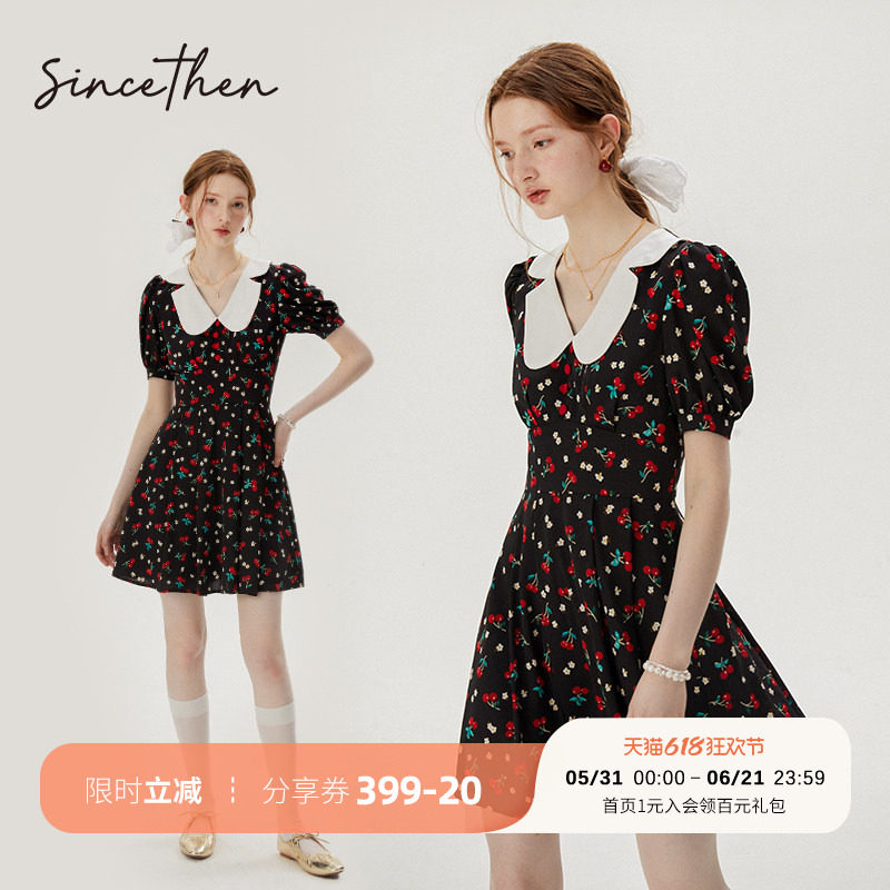 sincethen 收腰碎花裙法式黑色裙子夏小个子短裙a字连衣裙女夏季