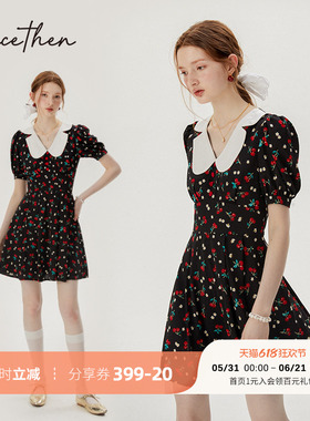 sincethen 短款碎花裙法式黑色裙子夏娃娃领短裙a字连衣裙女夏季