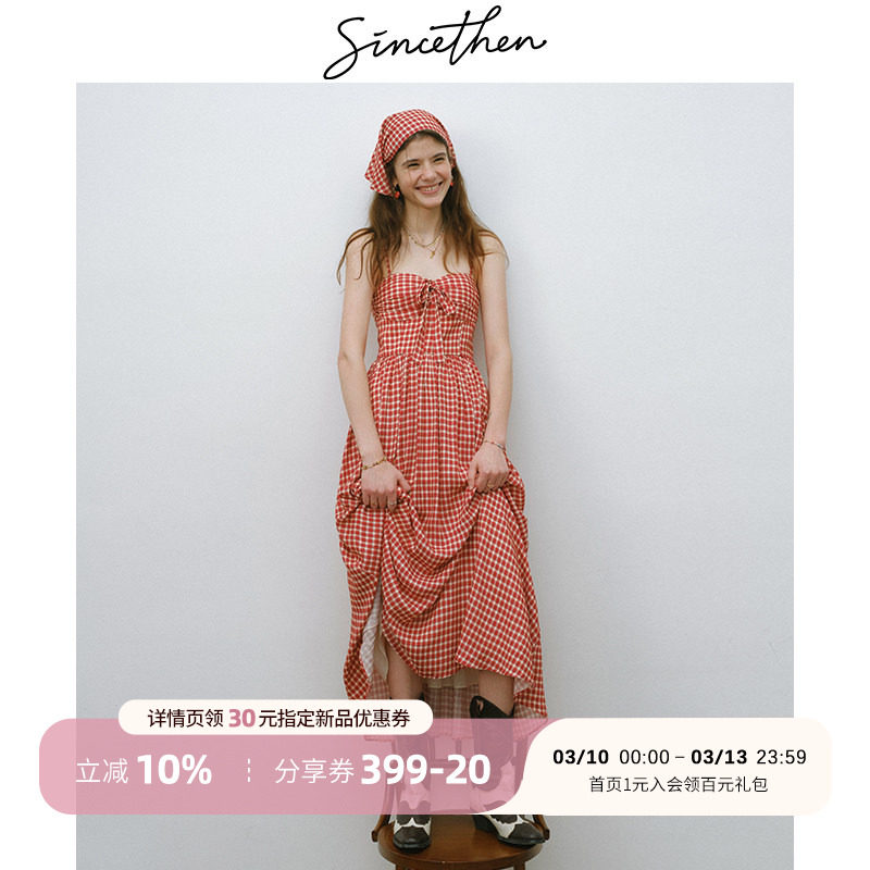 sincethen苹果蜂蜜法式复古吊带裙红色格纹连衣裙百搭长裙裙子女