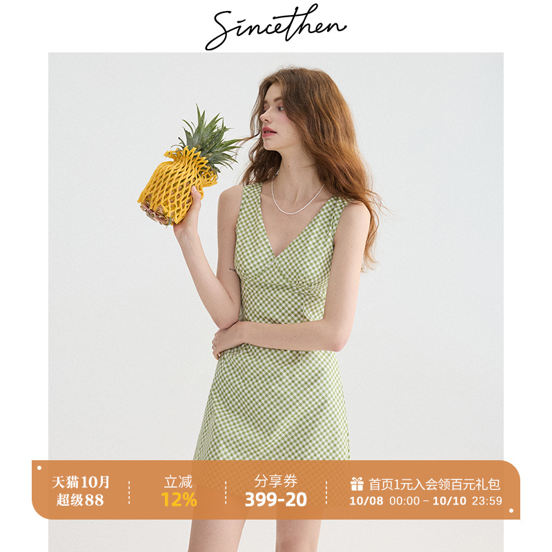 sincethen法式复古格子连衣裙夏