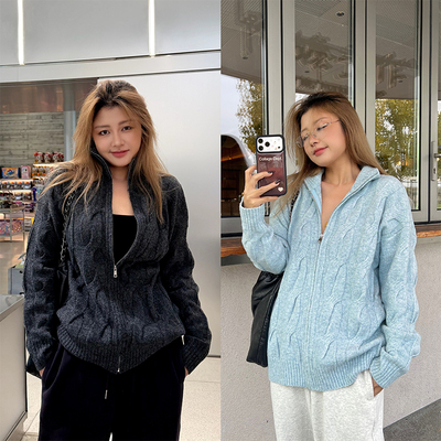 LTGIRL大码美式复古秋冬款2025年新款麻花针织宽松休闲毛衣外套