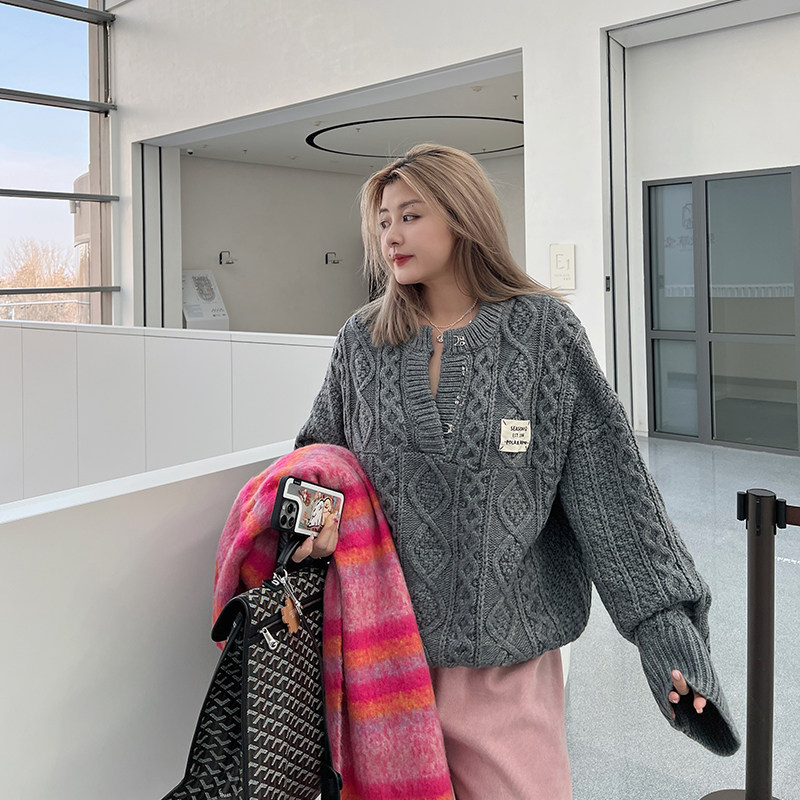 LTGIRL大码气质V领冬日浪漫韩系新款宽松套头复古麻花针织衫毛衣