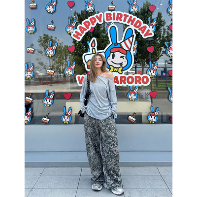 LTGIRL秋季复古豹纹印花阔腿牛仔裤中性分宽松直筒休闲拖地长裤