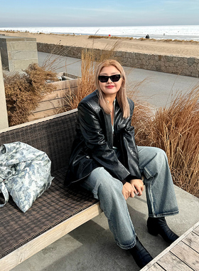 LTGIRL2024大码黑色pu春季新款皮质宽松炸街美式机车外套西装上衣