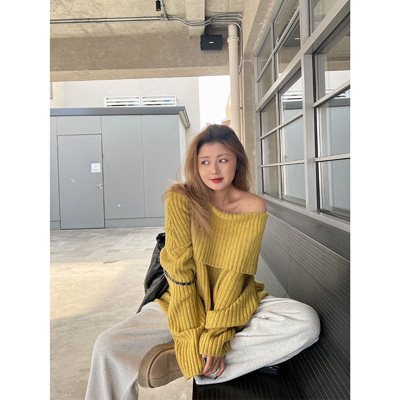 LTGIRL大码一字领方领露肩长袖秋冬宽松软糯毛衣设计感复古毛衣