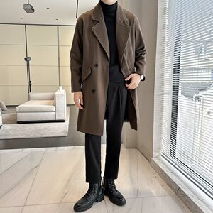 新款秋冬季英伦风毛呢大衣男士中长款韩版潮流加厚过膝双排扣风衣