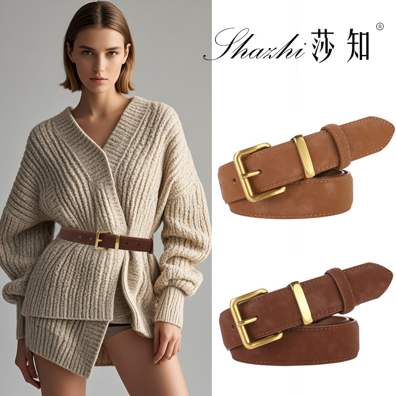 2024新款复古森系麂皮绒皮带女真皮民族风简约百搭配毛衣收腰腰带