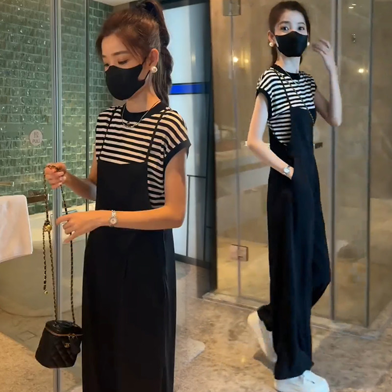 小个子减龄背带裤女士夏装显高穿搭时尚条纹T恤连衣裤套装两件套